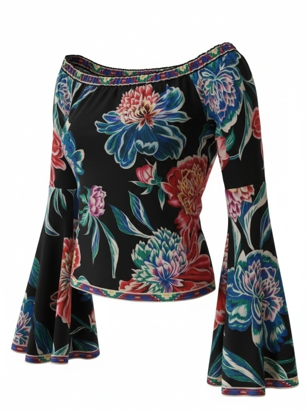 Flying Tomato Black Floral Off-Shoulder Bell-Sleeve Blouse SZ L
